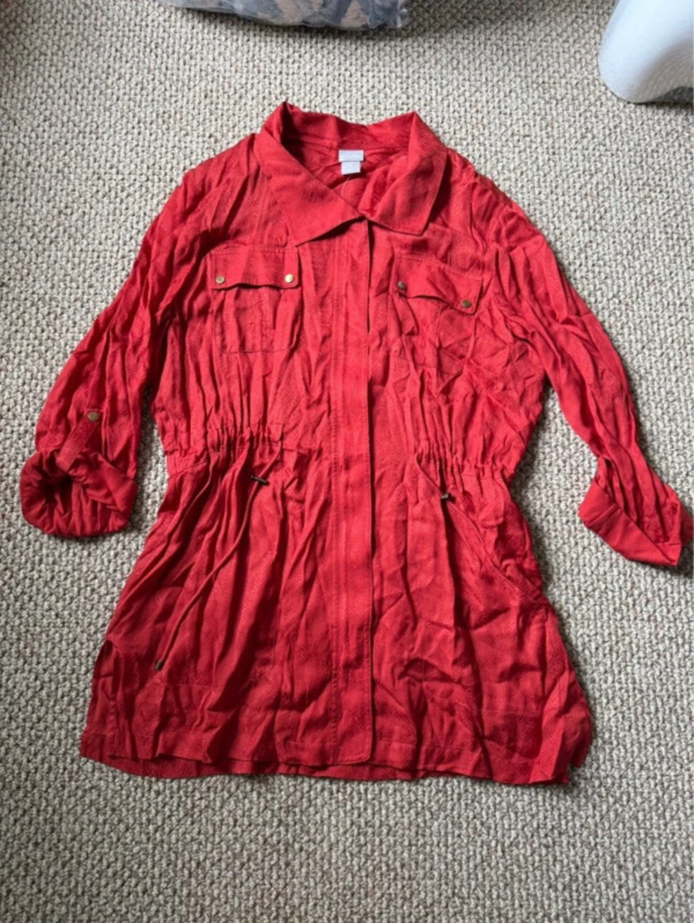 Chico's red collared mini dress with tie waist and pockets